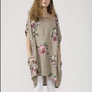 VASNA Linen Floral Made in Italy Dress Short Sleeve Slouchy Pockets XL Lagenlook